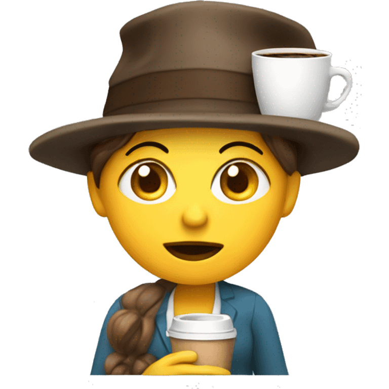 exhausted female teacher with crazy hat and coffee in her hand emoji