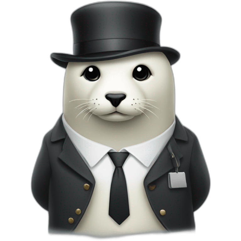 White seal naked just wearing tie and small black hat and with briefcase emoji