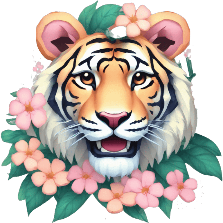 Pixel art of a pixel pink peach beige blue cream pastel pixel tiger pixel lion wearing tropical flowers and leaves, flower crown, floral, pixel emoji