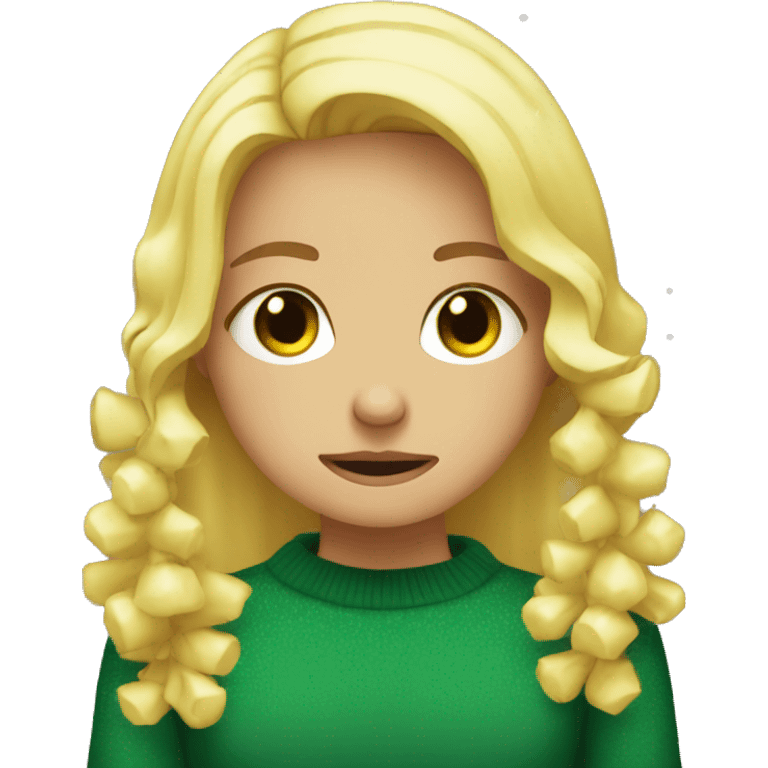 Blonde girl crying next to Christmas tree emoji