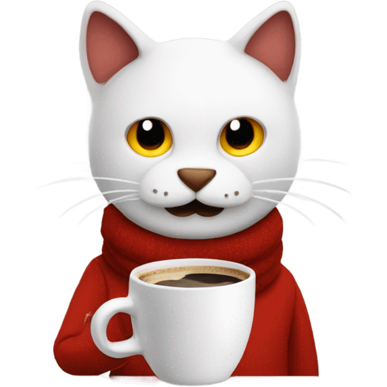 a red man wearing a snowman head drinking coffee petting a cat emoji