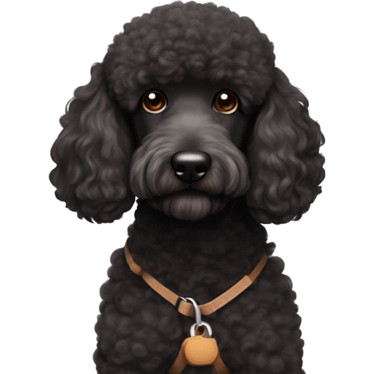 3 legs One Small unshaved Black Poodle with brown harness is  sleeping emoji