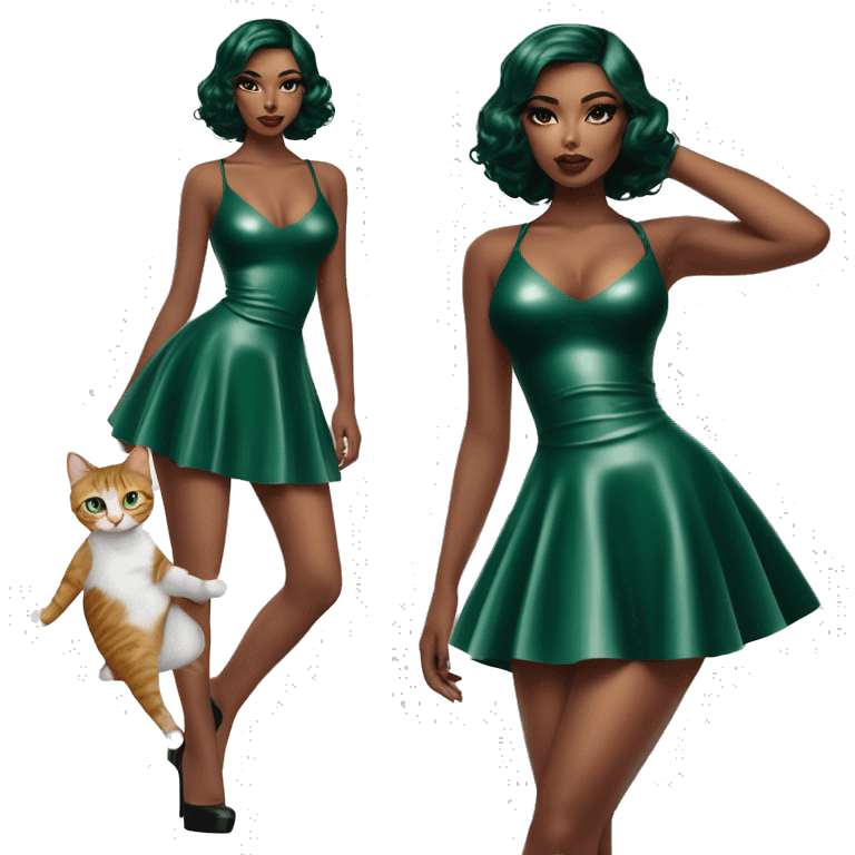 A pin skirt latex dark emerald dress on a female latin goddess with a kitten aura with a short bob a-line  emoji