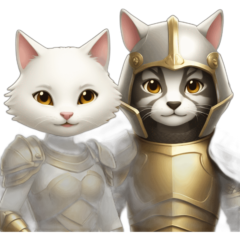 a smiling badger and a white female cat wearing a golden light armour also smiling emoji