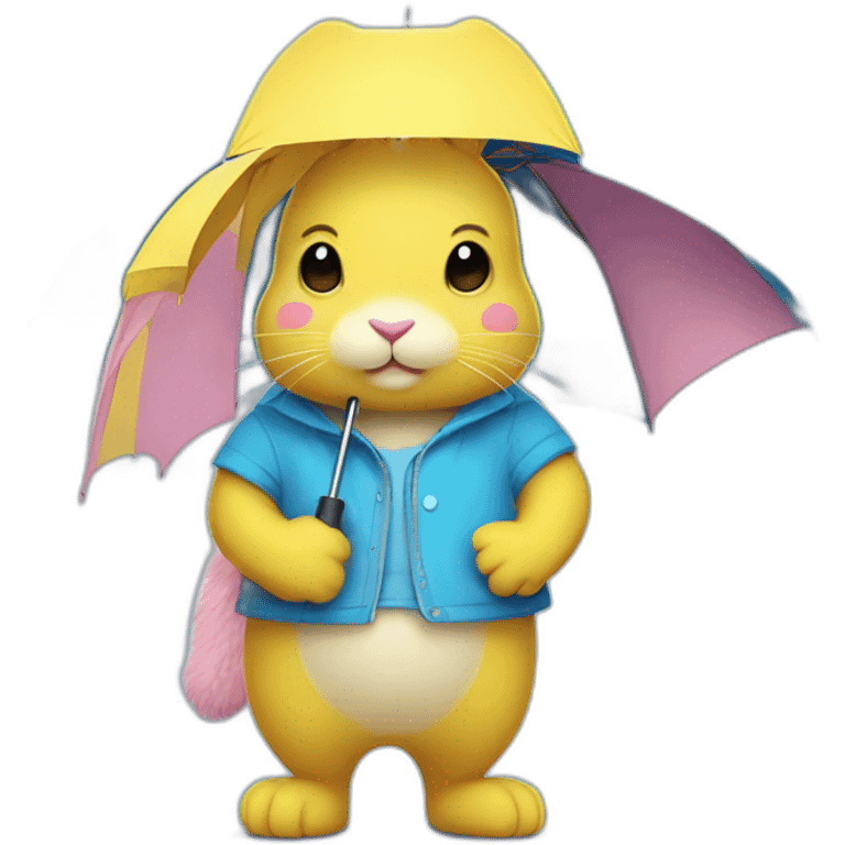 Pink fur rabbit dressed in a yellow tee shirt holding blue umbrella emoji