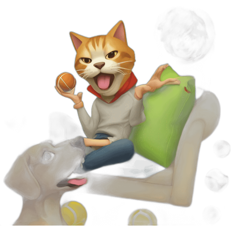 Generate a sticker of a playful scene featuring a cat lying on a cushion and a dog holding a toy in its mouth, while a young man holding a tennis ball observes in the background. emoji