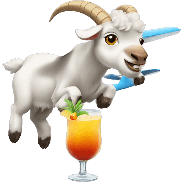 Goat flying a plane with a cocktail emoji