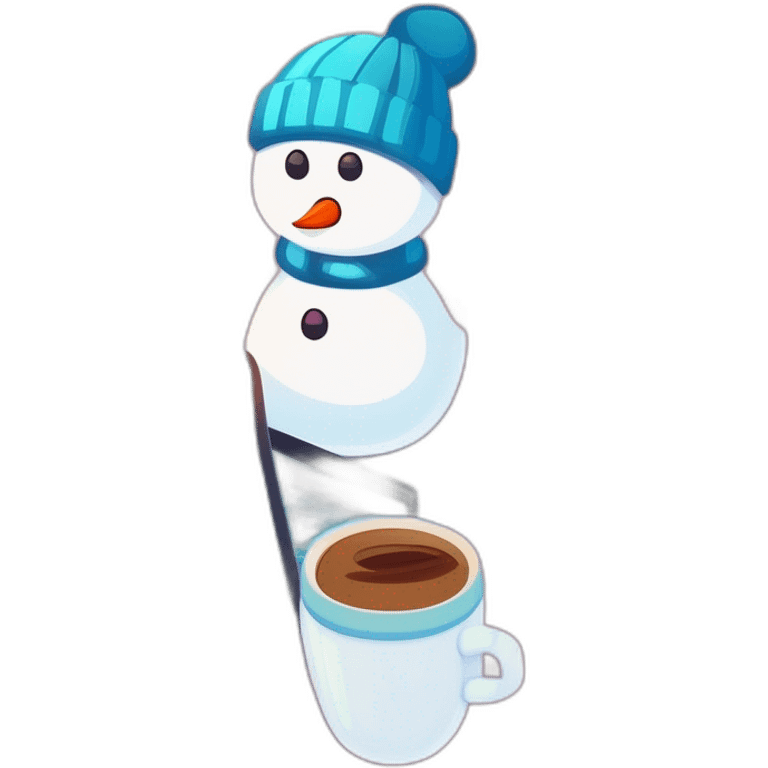 cute female snowman with a laptop holding a coffee mug and wearing a beanie emoji