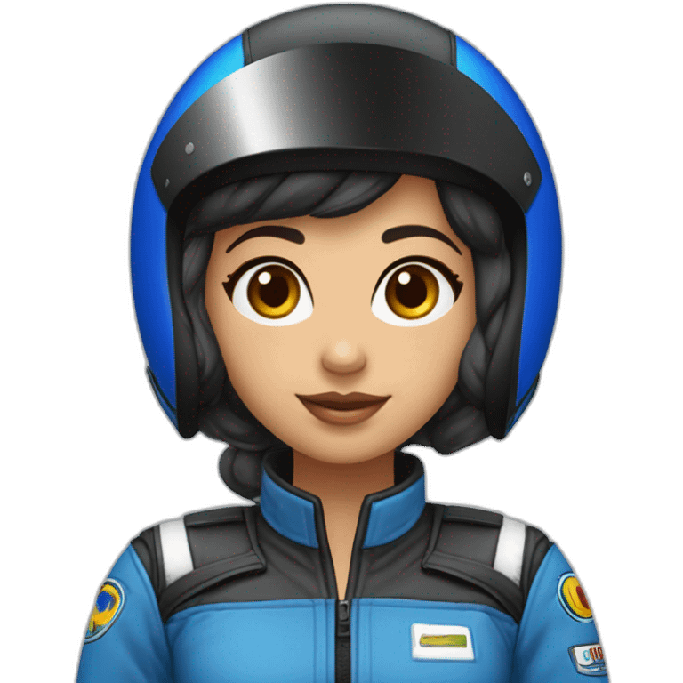 Piloto mulher de kart morena com macacão da cor preto com detalhe azul escuro e capacete cor branca com detalhe azul escuro emoji