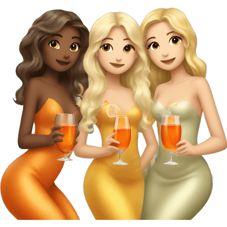 Three beautiful mermaids (two brown hair and blond one) drinking aperol emoji