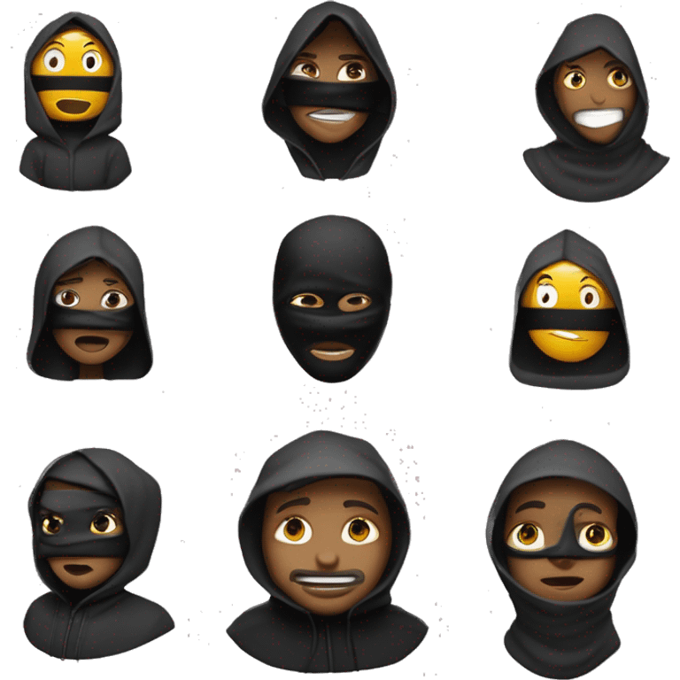 crée moi des emoji qui porte une capuche noire et un masque noir on ne vois pas sont visage et donne leur a chacun des interaction différente par exemple un qui pleure ou qui levé la main qui reflechie cree en plusieur sorte emoji