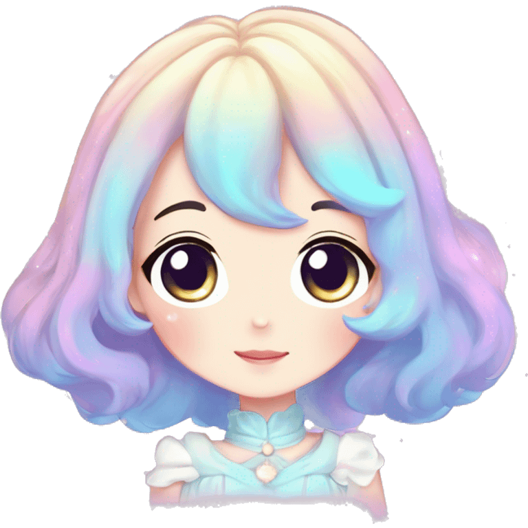 Gorgeous pastel anime style lady blushing nebula-gradient-sparkle face dreamy idol model colorful shiny stars galaxy kawaii cottagecore pearly petite simplistic aesthetic trending style emoji