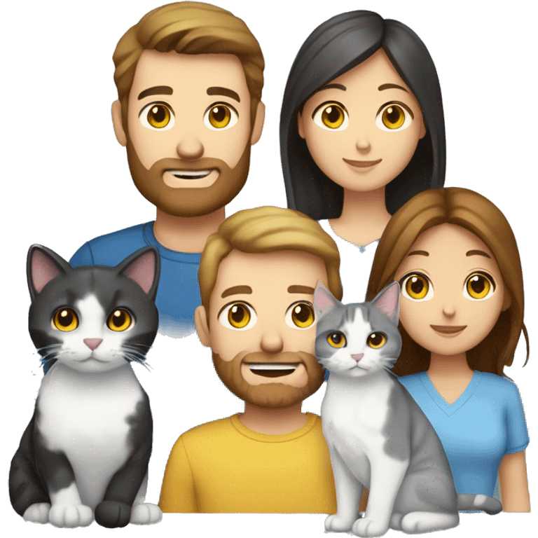 Family emoji: 1 man with brown eyes brown hair and brown beard,1  woman with blue eyes brown hair, 1 black-white cat with yellow eyes , 1 red-gray-white cat and yellow eyes emoji