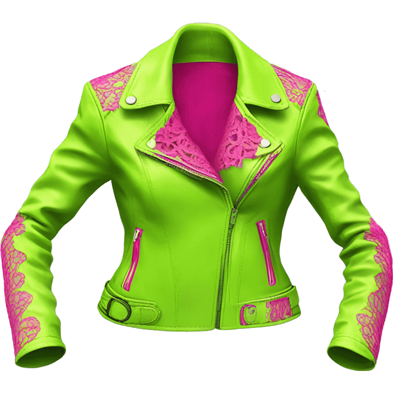 Realistic isolated side view of an open lime green fashion leather jacket with hot pink lace. emoji