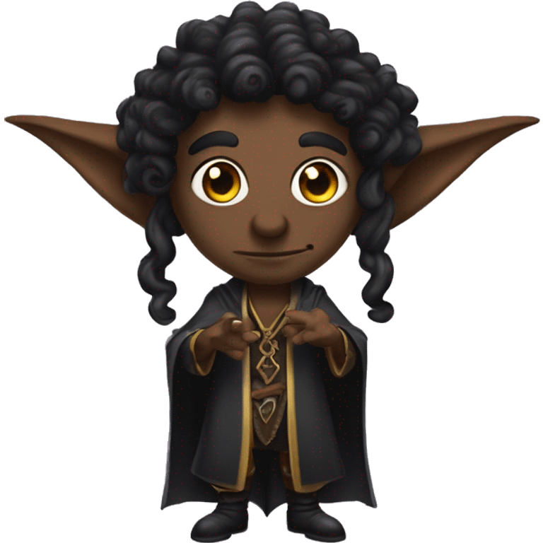  A black male high elf that is a witch fortune teller that has large, pointed ears with long black curly hair past his back emoji