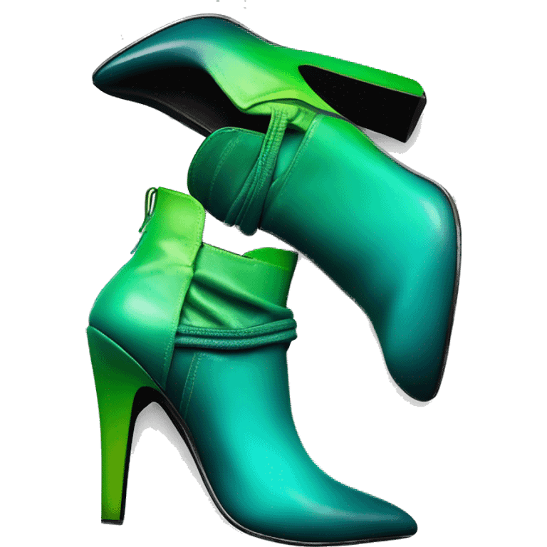 Realistic isolated top view of a pair of dark teal,lime green,mint green and emerald green ombre high heel ankle boots. emoji