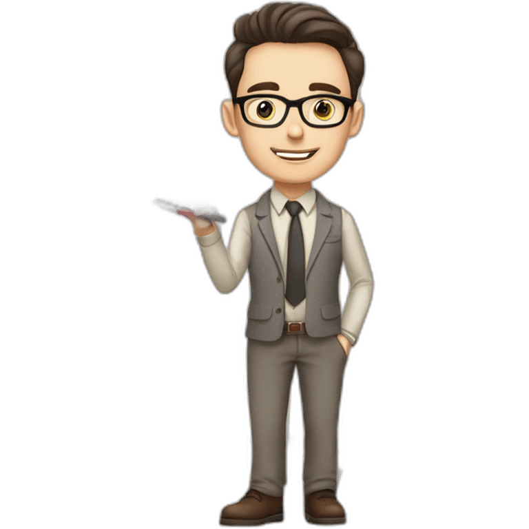 Pale skinned fit man with dark brown hair in gray jacket, beige office shirt, brown tie, brown pants and vintage glasses Writing text on a marker board emoji