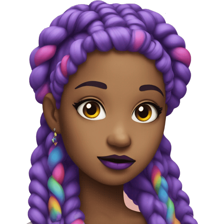 girl with rainbow braids and funky makeup, purple lips  emoji