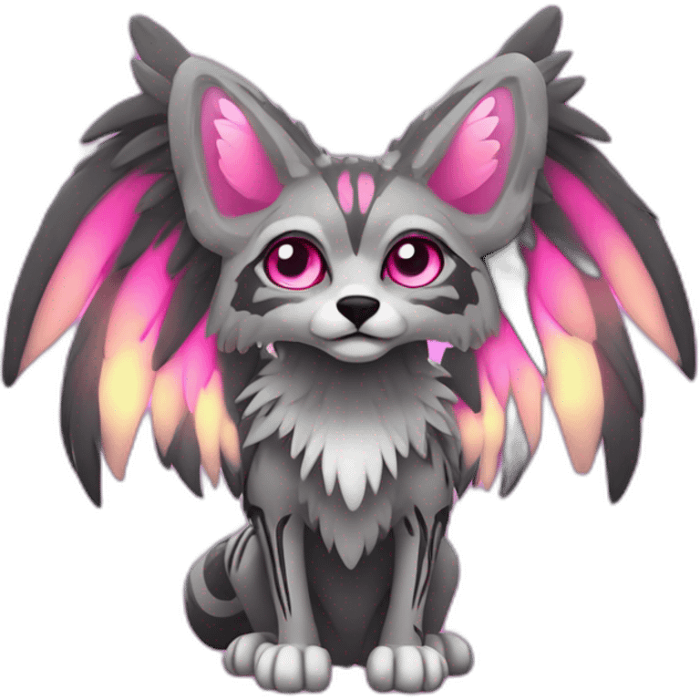 Coyote ocelot standing with grey and black fur and phoenix wings on back and pink ears half skeleton, neon lights emoji