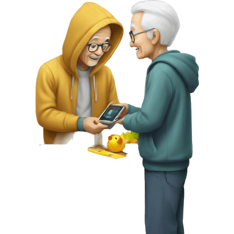 Young man with hoodie helping old man to learn how to use artificial intelligence  emoji