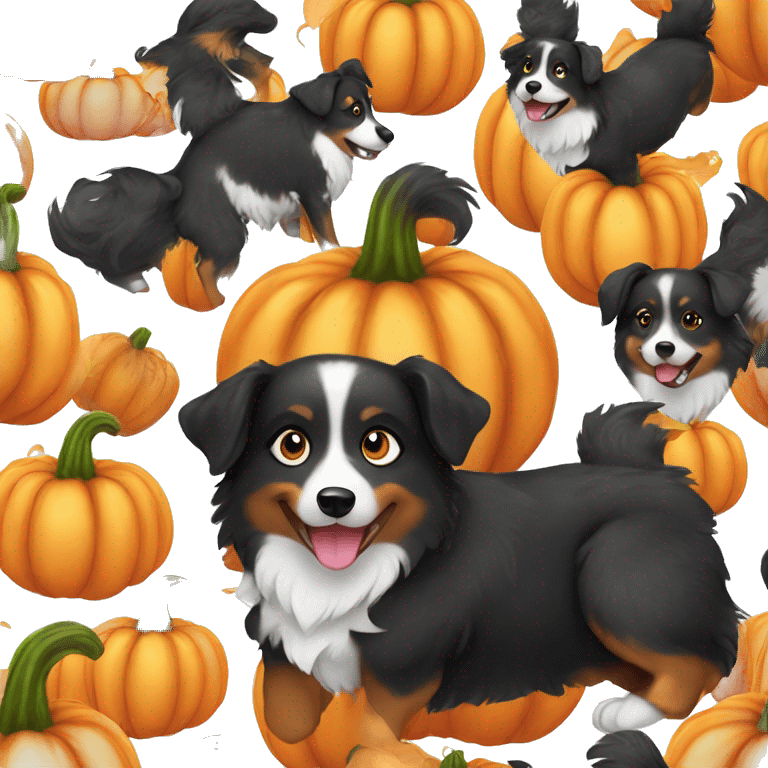 Small black australian shepherd dog in a pumpkin emoji