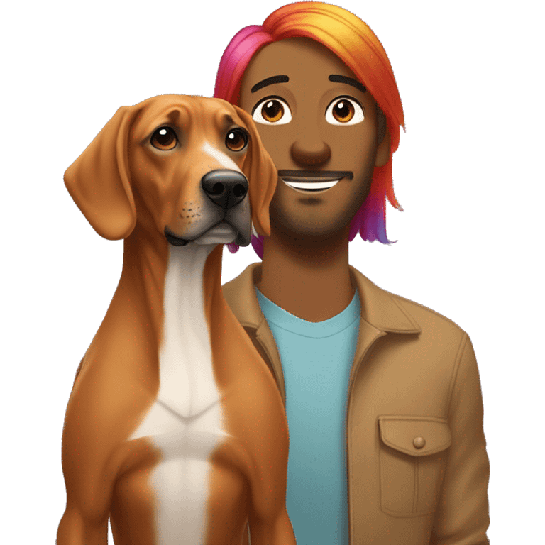 white male with long rainbow colored hair standing alongside a brown rhodesian ridgeback emoji