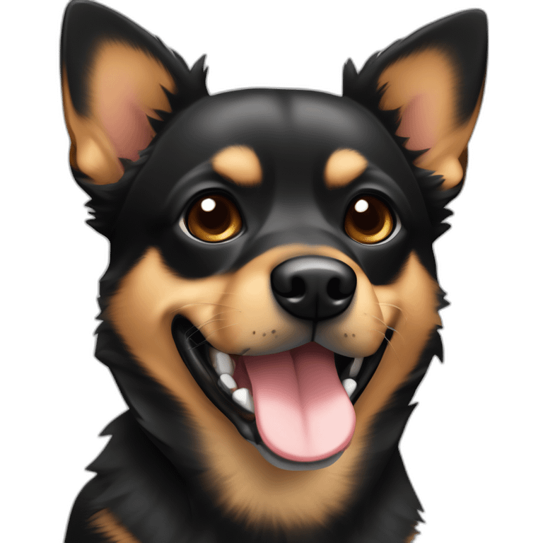 black brown mutt dog that with small german shephard head but larger chihuahua eyes and large overbite with left upper sharp canine tooth a bit crooked and sticking out mouth emoji