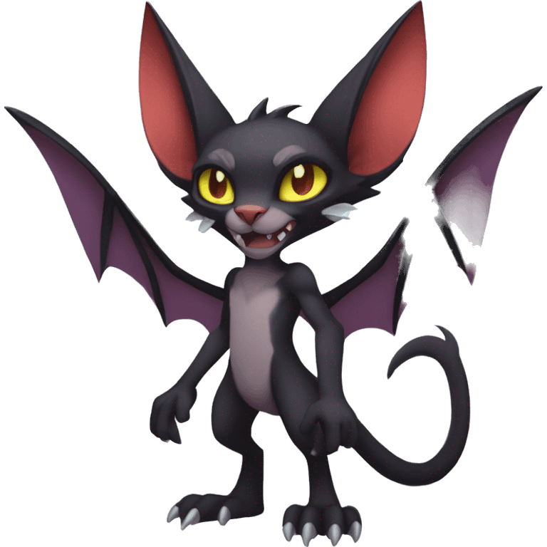 Black cool beautiful vampiric Noivern-Litten-Lykoi-Caracal-Fakemon with big bat ears full-body emoji