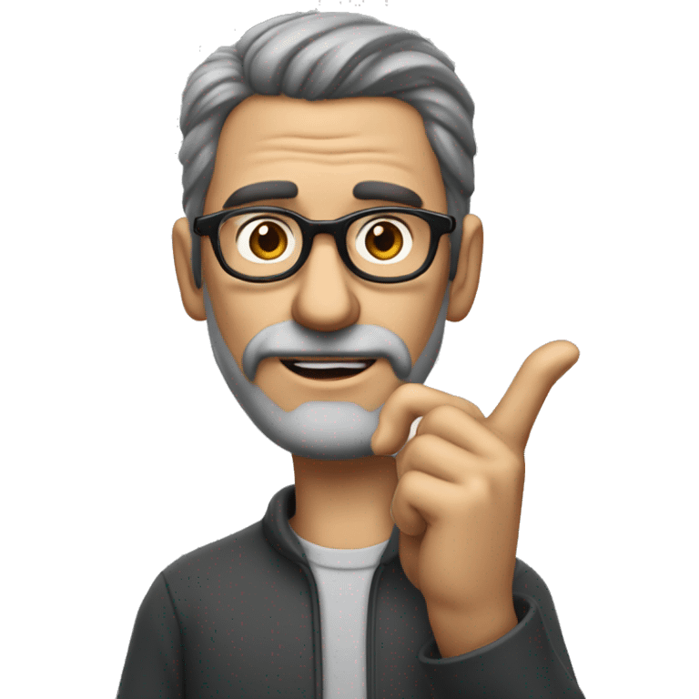 a skinny man with medium length brown hair and a grey beard. he has a big nose and crows feet wrinkles. He is wearing cokebottle glasses and holding his finger up like he is making a point emoji