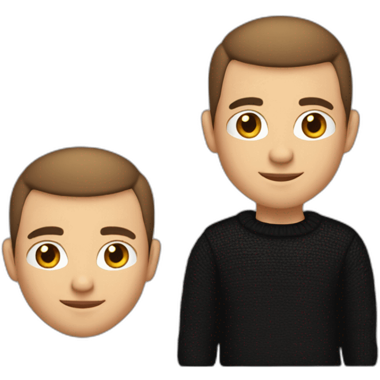 male with buzz cut hair, brown hair, white gold earrings, a laptot in front, apple-style, modern, black sweater, computer in hand emoji