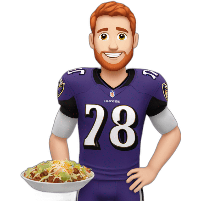 a red-haired young man without a beard wearing a ravens jersey and eating a chipotle burrito bowl emoji