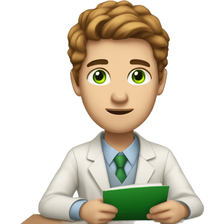 light skinned man with green eyes and brown styled hair preparing for an exam emoji