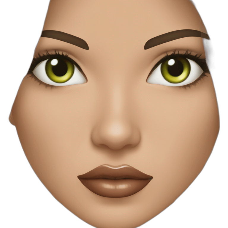 Mujer, ojos avellanados color verde, labios delgados, el color de ojos de adriana lima, cabello castaño oscuro, largo y liso, nariz respingada, mentón prominente emoji