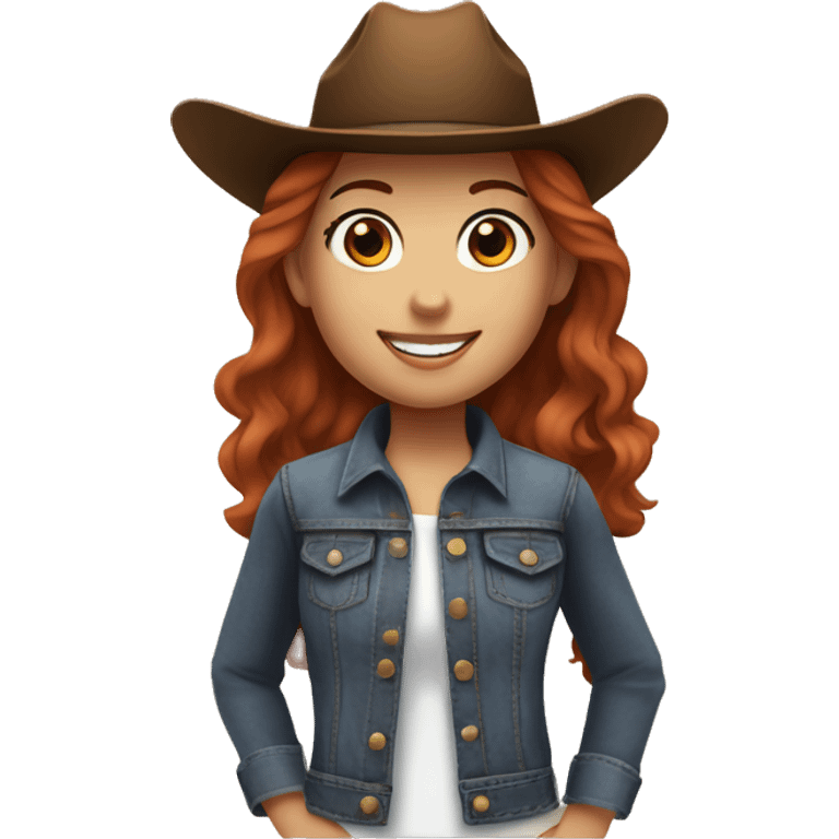 Girl with short red hair, with brown eyes, smiling, wearing a denim jacket and black shirt and brown cowgirl hat, next to her brown horse that has a white hair and spot on her forehead. emoji