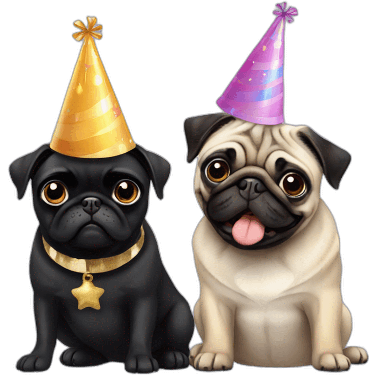 pug and black pug wearing birthday hat emoji