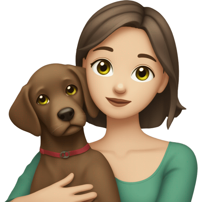 medium brown haired girl with browny green eyes hugging a brown and white girl Labrador  emoji