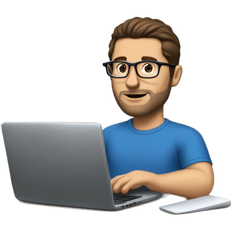 white guy with no beard dark brown hair brad pit style and square glasses typing in laptop wearing blue t-shirt working in call center emoji