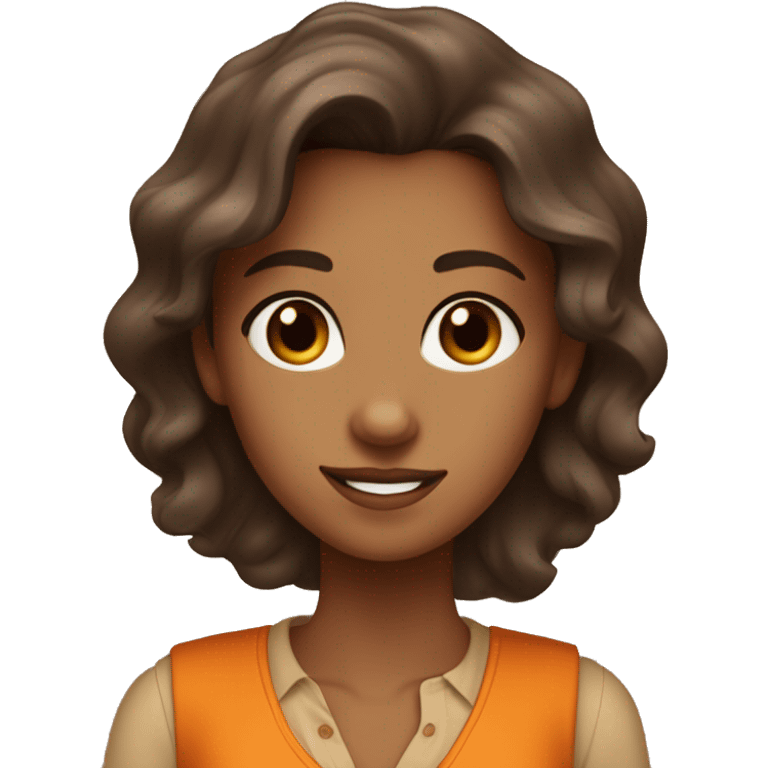 a charming tanned woman wavy chocolate hair, caramel eyes, beige shirt, orange vest emoji