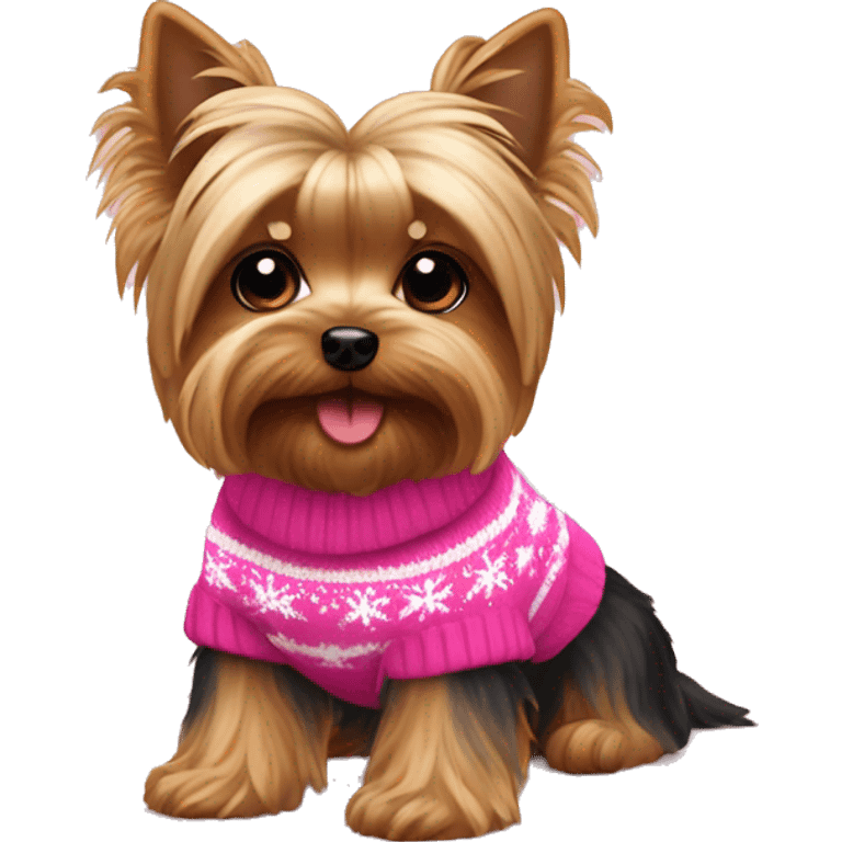 Yorkie dog wearing a pink Christmas sweater sitting down emoji