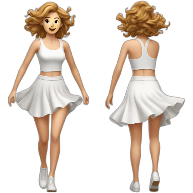 Hyperrealistic Full body Caucasian curvy beauty jumping short white skirt back and front views strong wind emoji