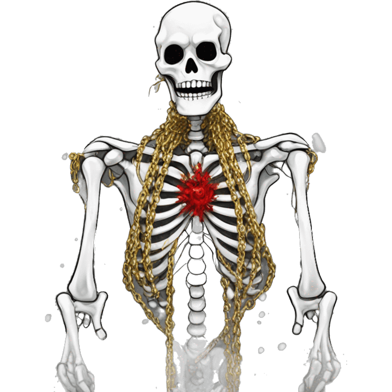 White skeleton zombie person covered in golden chains and black graffiti scribbles and red and silver doodles snowing snowflakes emoji