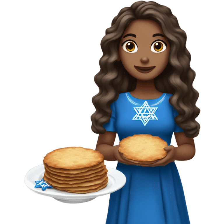 White girl in a dress for Hanukkah with long balayage dark brown hair holding latkes emoji