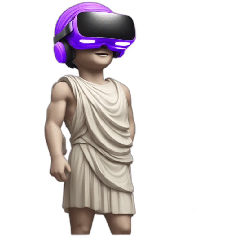 an EMOJI OF A ancient young greek statue, wearing VR headset, purple colors, DIGITAL UNIVERSE emoji