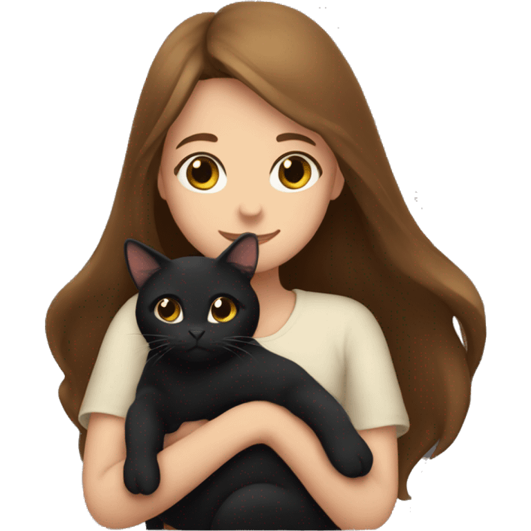 Girl with long brown hair hugging a black cat  emoji