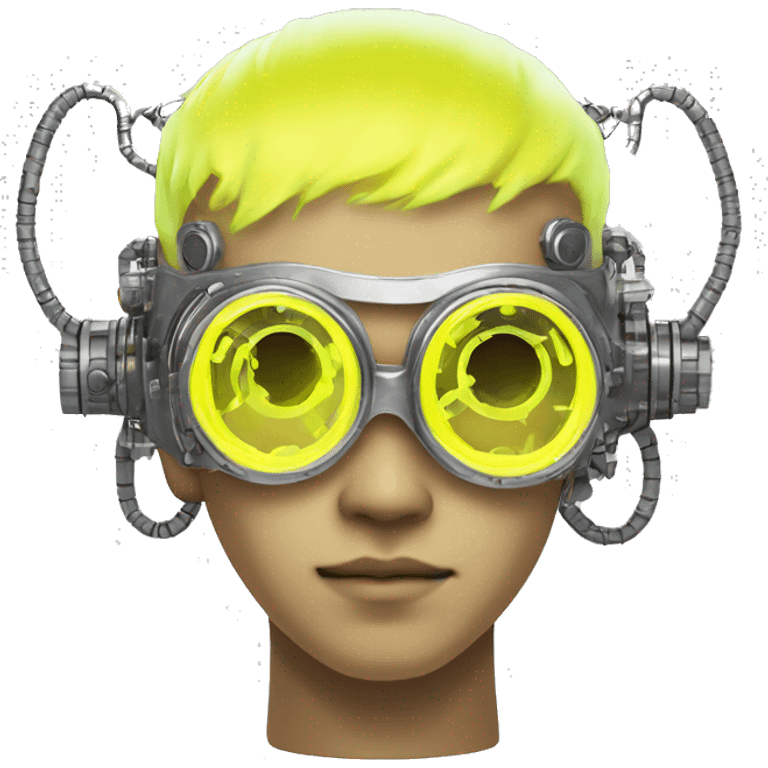 Neon yellow short hair Asian male cyborg head with silver steampunk goggles and circuits emoji