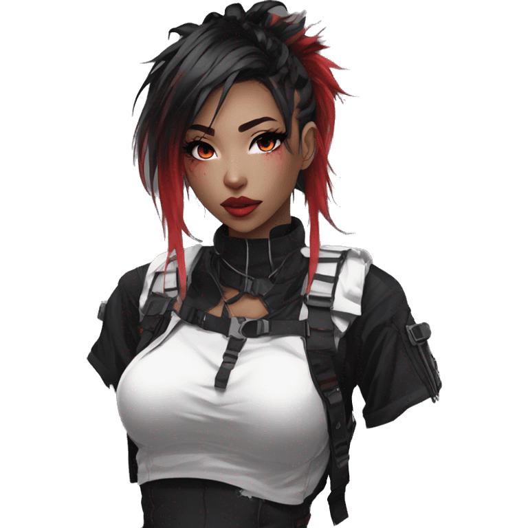 Gorgeous techwear anime style lady with blushing face aesthetic and pretty edgy black red white punk messy hair with collar and harness trending style emoji