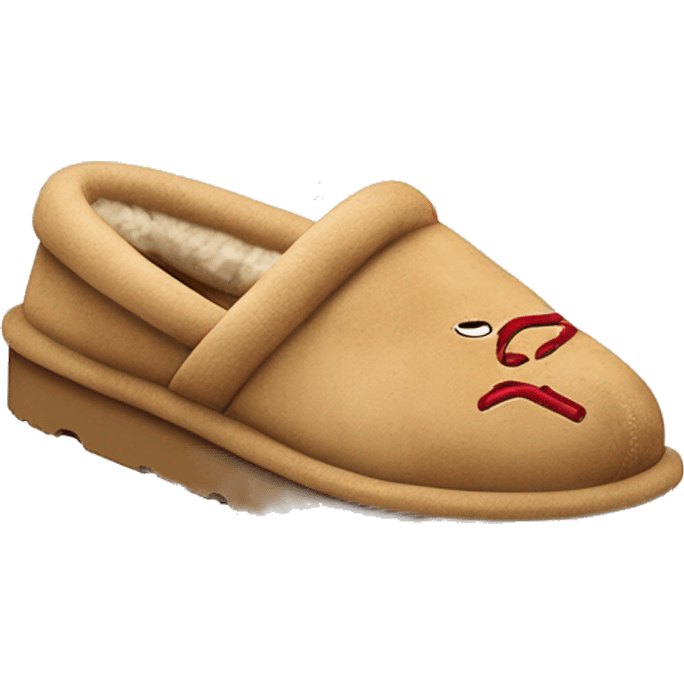 Ugg Camel slip-on slippers. A thin red zig-zag stitch only encircling ankles, VERY chunky platform sole. emoji