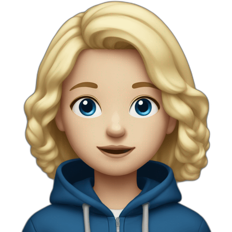 6 year old girl with blonde hair and blue eyes in a dark blue hoodie emoji