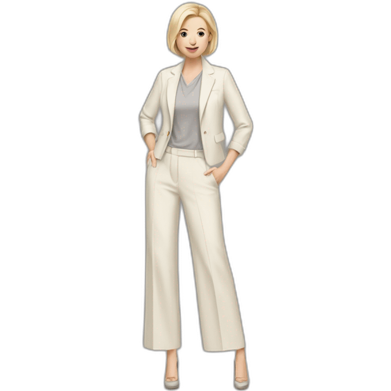 Full height Actively gesturing with hands pale skin woman with ash blonde Straightened bob Hair, White Spacious classical jacket, beige palazzo Arrow pants and gray blouse emoji