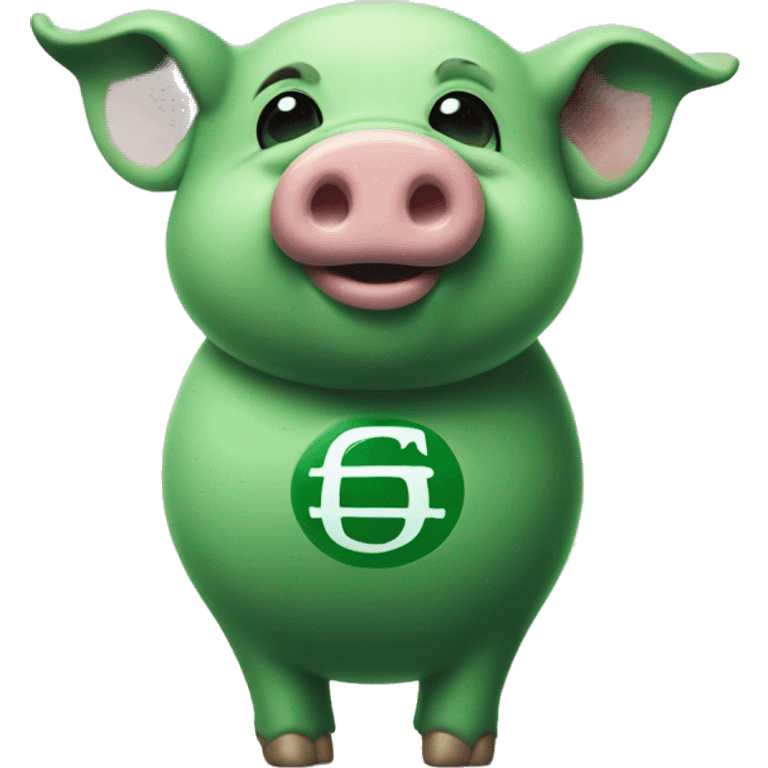 Pig facing right but looking at you and smiling with a tattoo of a dollar sign on his side in green ink emoji